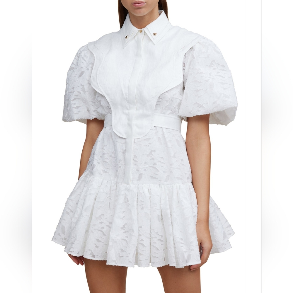 Acler White Pleated Puff Sleeve Mini Dress